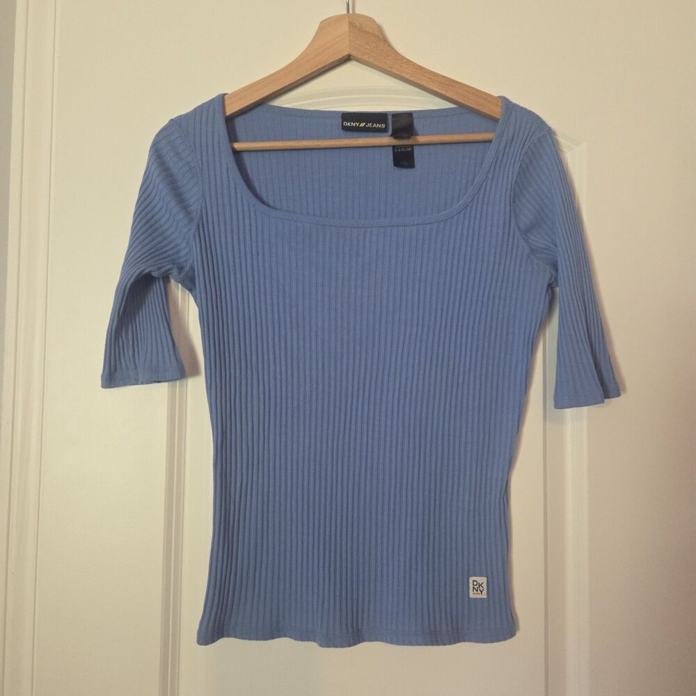 DKNY Square Neck 3/4 Sleeve Top Size M Blue